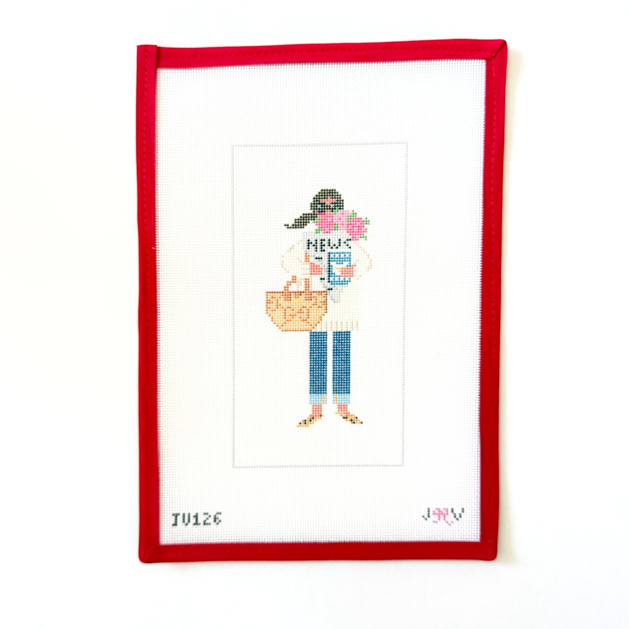 News & Flowers Girl (dark)Jennifer Vallez NeedlepointCanvasThe Red Thread Atelier