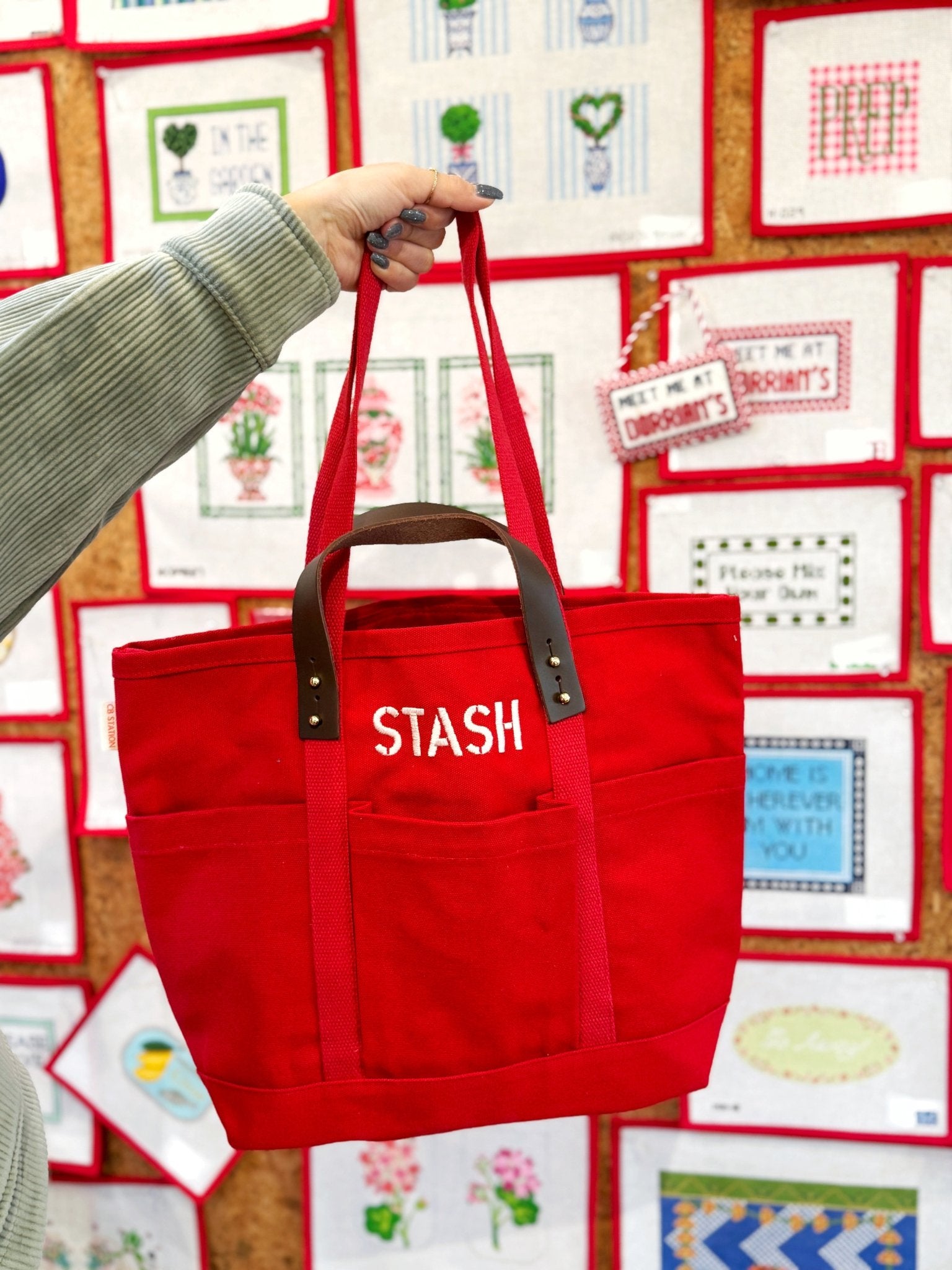 Red & Pink “Stash” Tote w leather handlesThe Red Thread AtelierAccessoryThe Red Thread Atelier