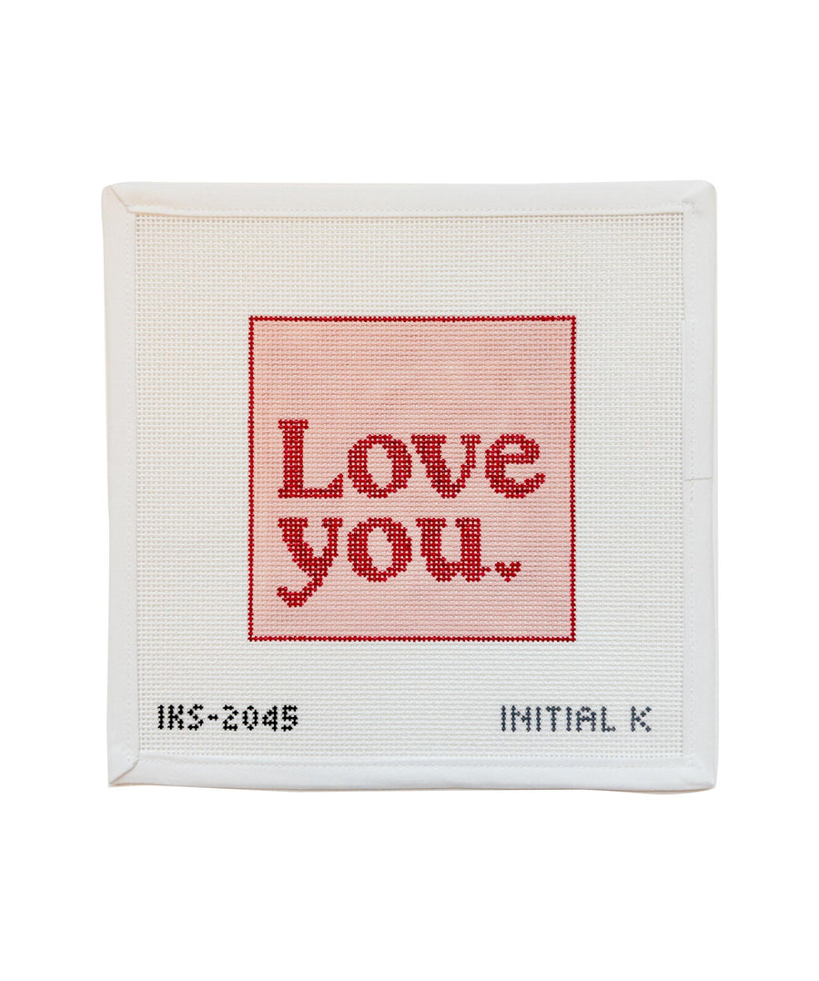 Love You needlepoint canvas in pink and red by Initial K Studio