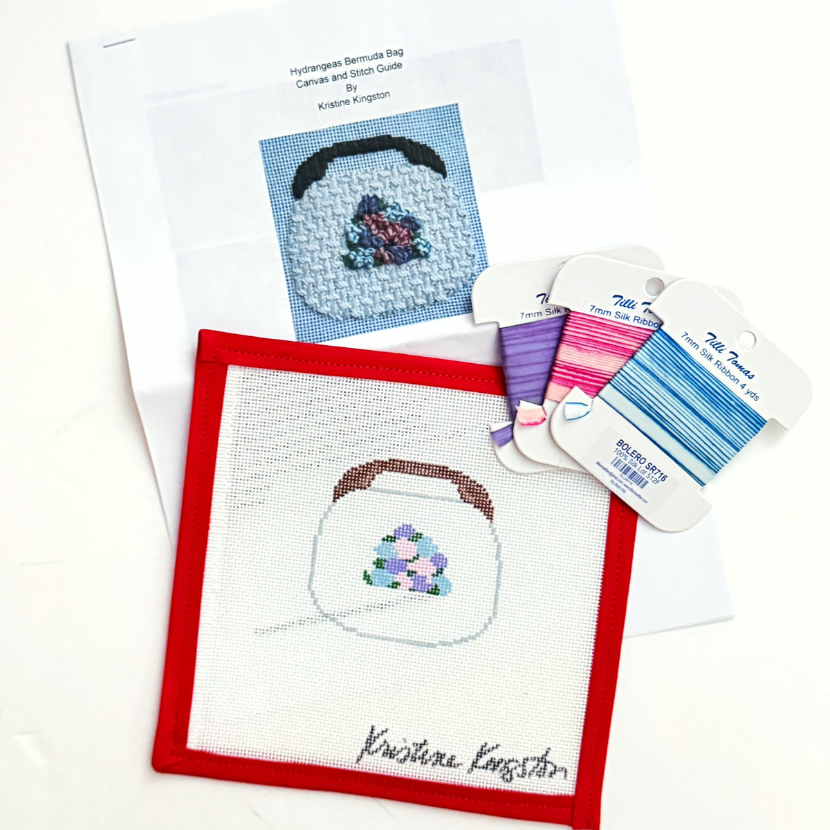 Hydrangea Bermuda Bag w Stitch Guide & Ribbons