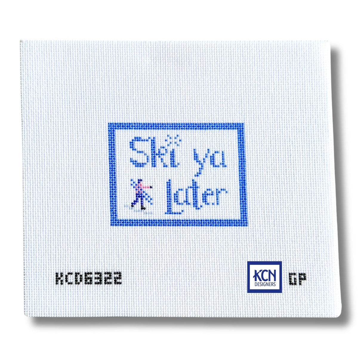Ski Ya Later luggage tag needlepoint canvas by Giddy Paperie for KCN Designers