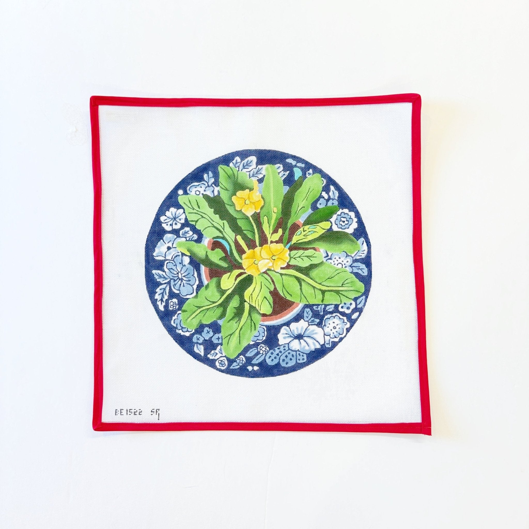 Primrose on Blue PlateSusan RobertsCanvasThe Red Thread Atelier