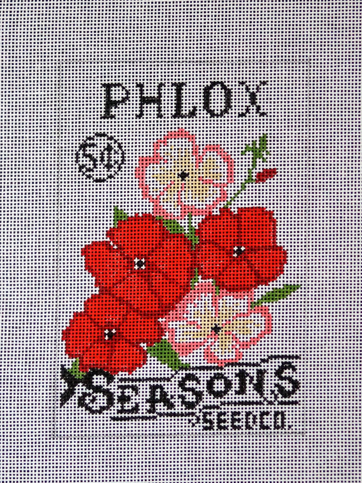 Phlox Seed Packet needlepoint canvas by Laura Love Designs