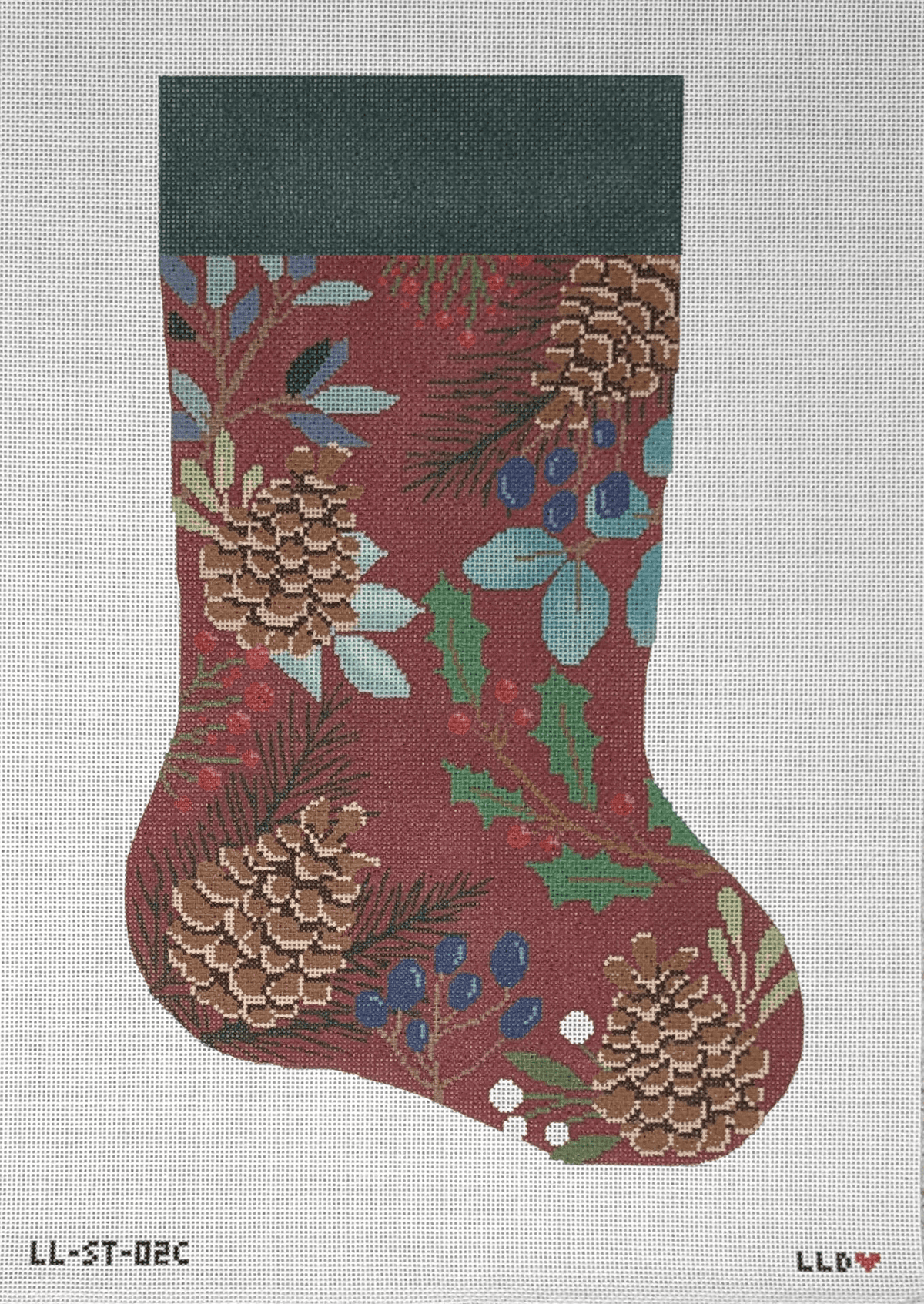 LL-ST-02C Red Stocking with PineconesLaura Love DesignsCanvasThe Red Thread Atelier