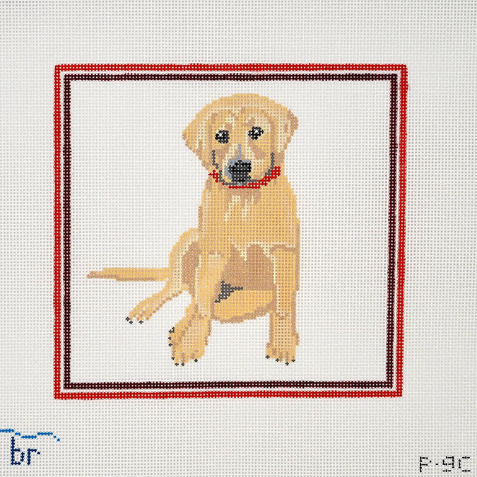 Yellow Lab with red frame needlepoint canvas