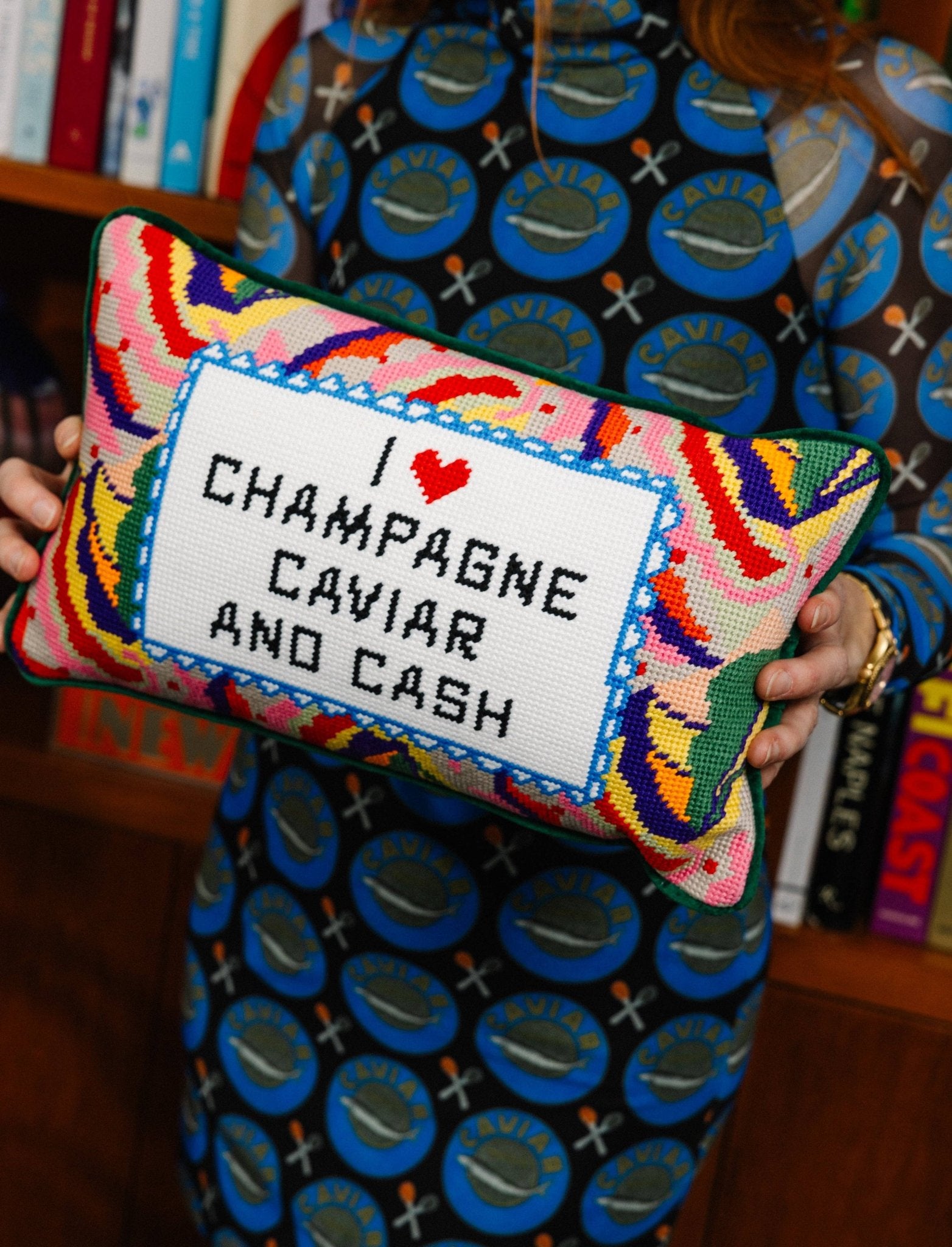 Caviar and Cash Needlepoint PillowFurbish StudioAccessoryThe Red Thread Atelier