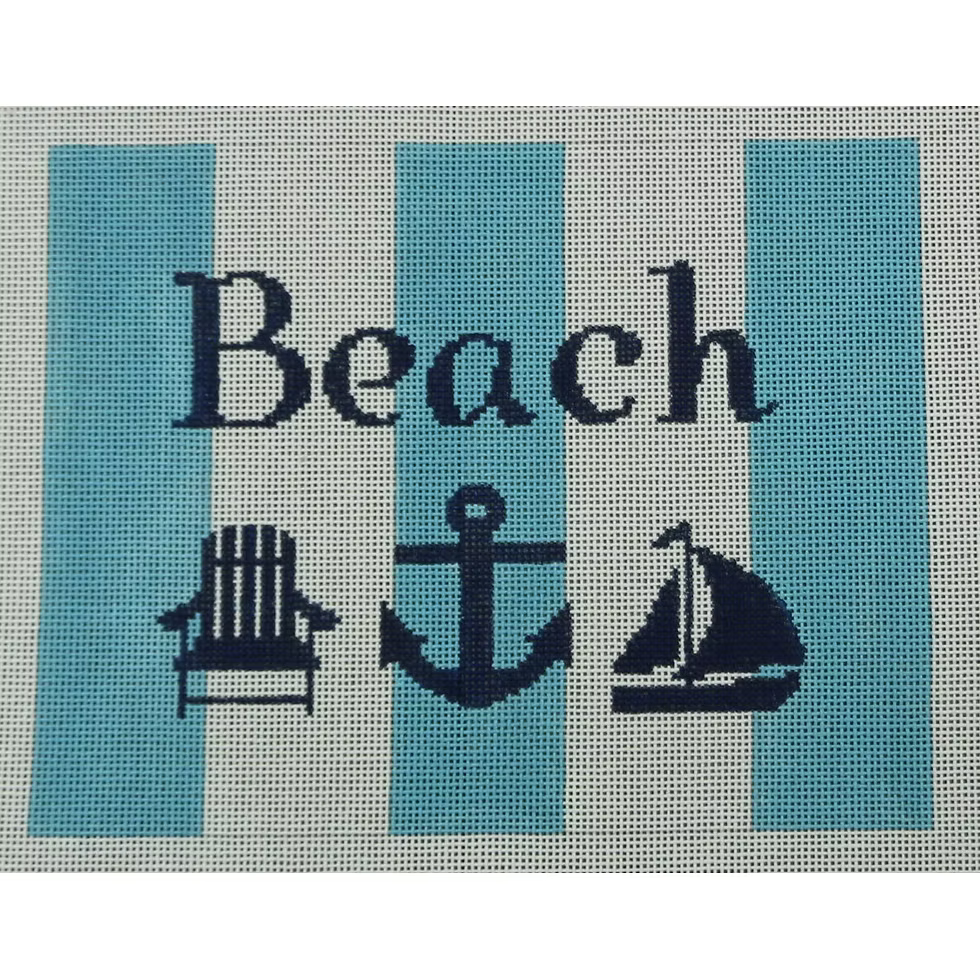 KKSG1-18 (Beach with Adirondack chair, anchor, and sailboat - Navy, Pale Blue, White  6 x 7.5)