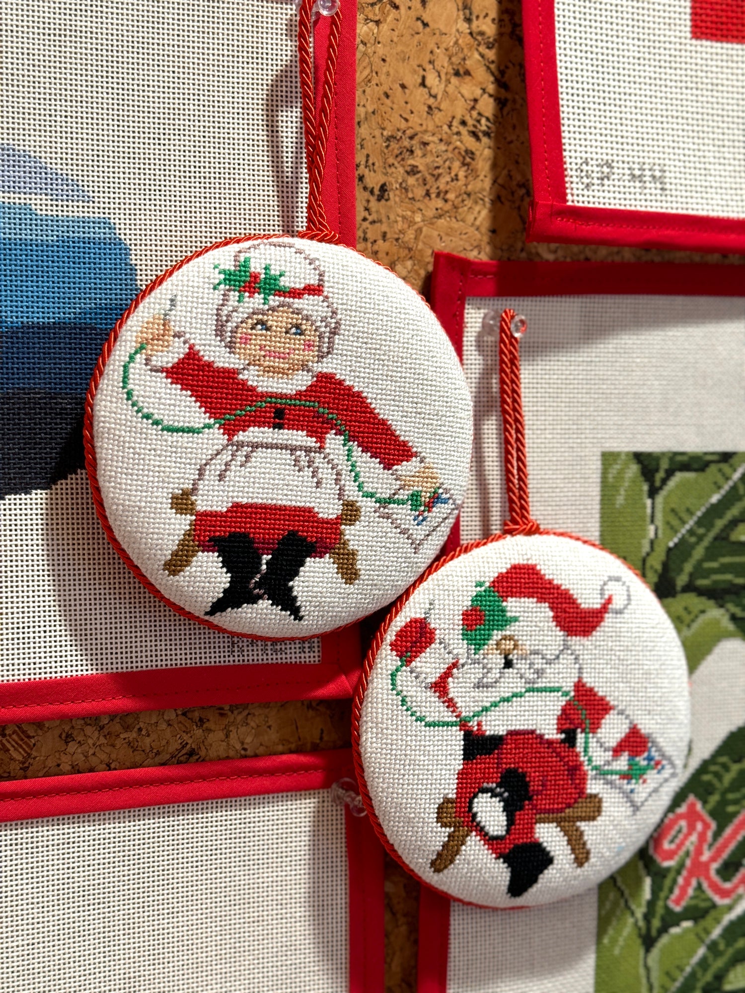 Finished Ornaments - Stitching Santa &amp; Mrs. Claus