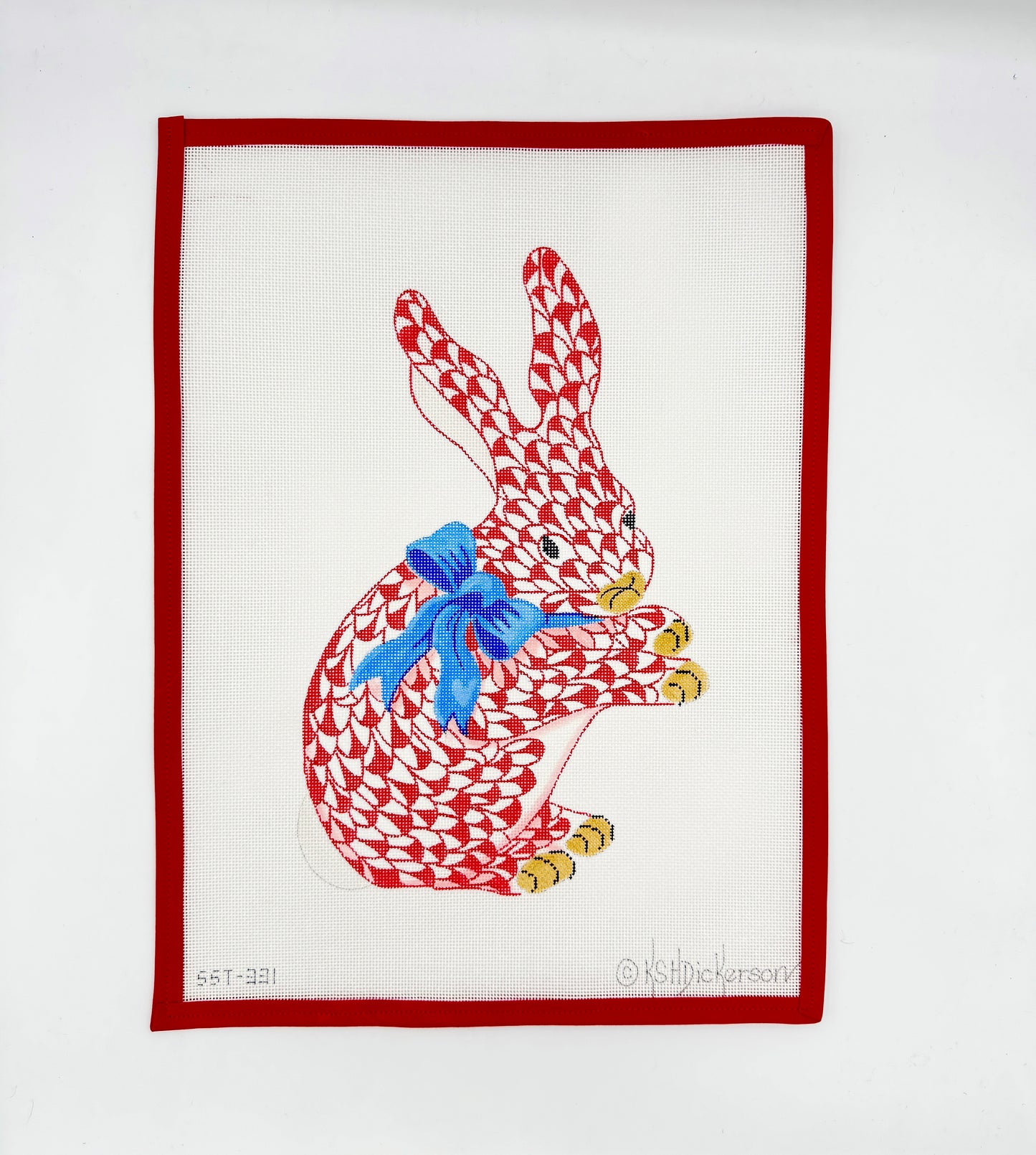 Herend inspired bunny, red w blue bow