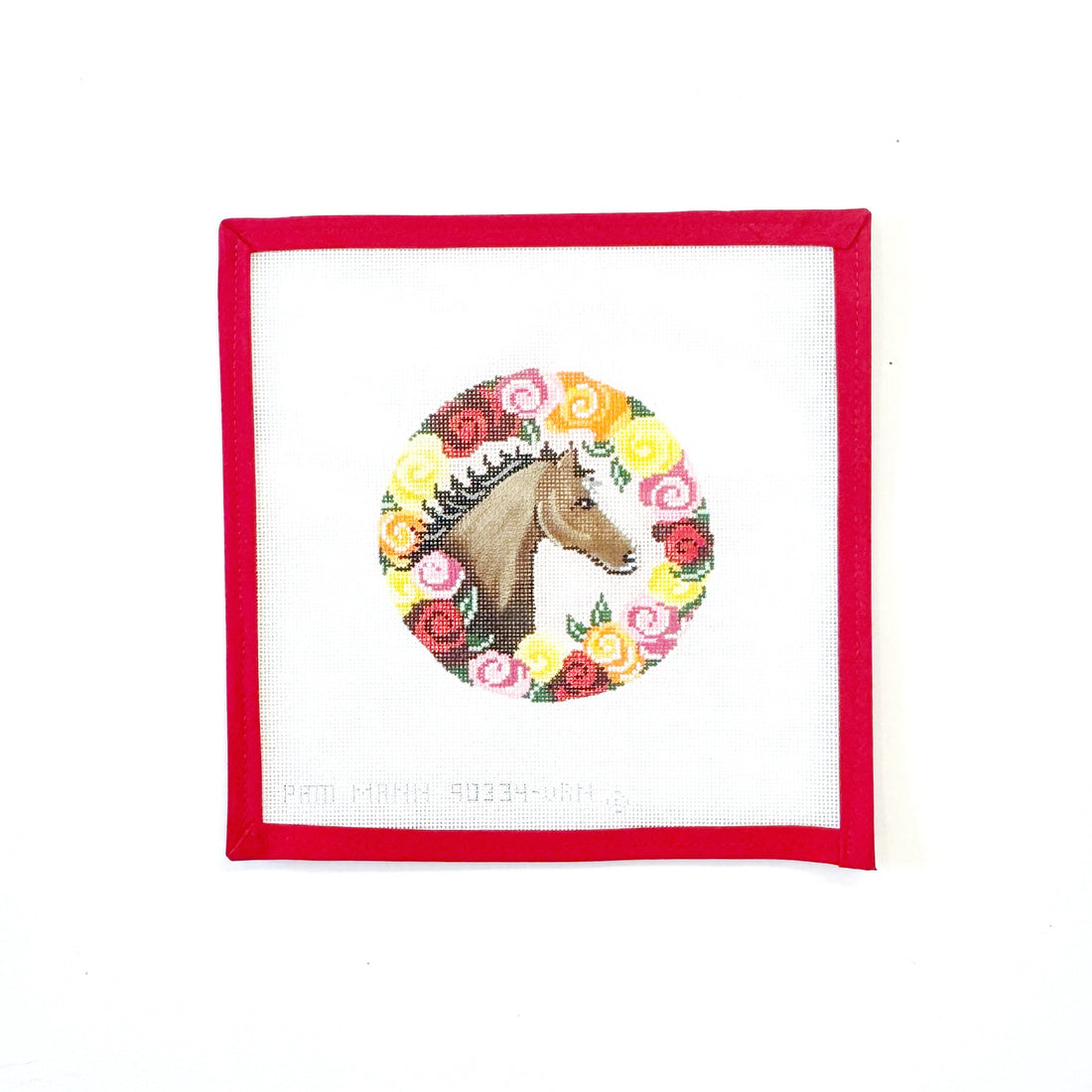 Horse with Floral Border RoundPatti MannCanvasThe Red Thread Atelier