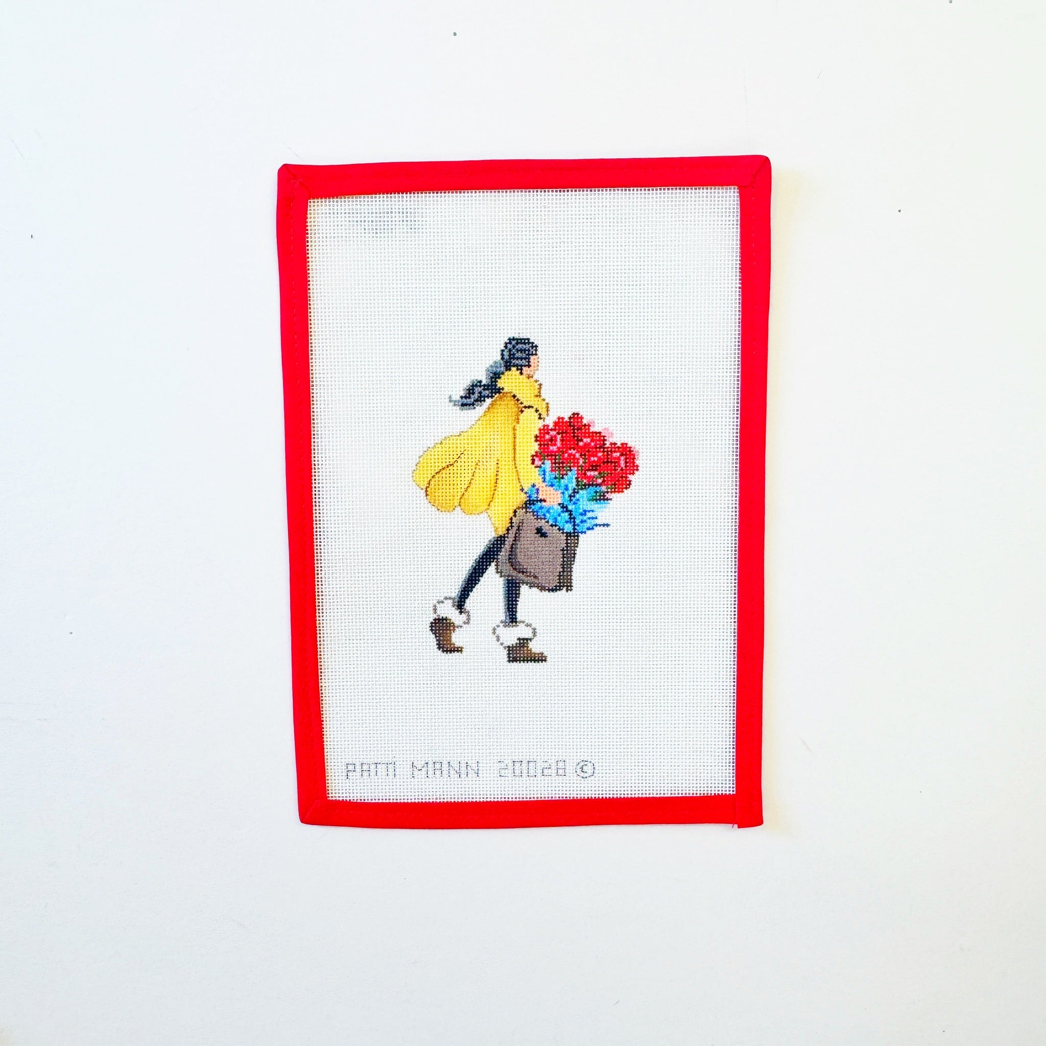 Girl in Winter Boots with Bag Full of Flowers