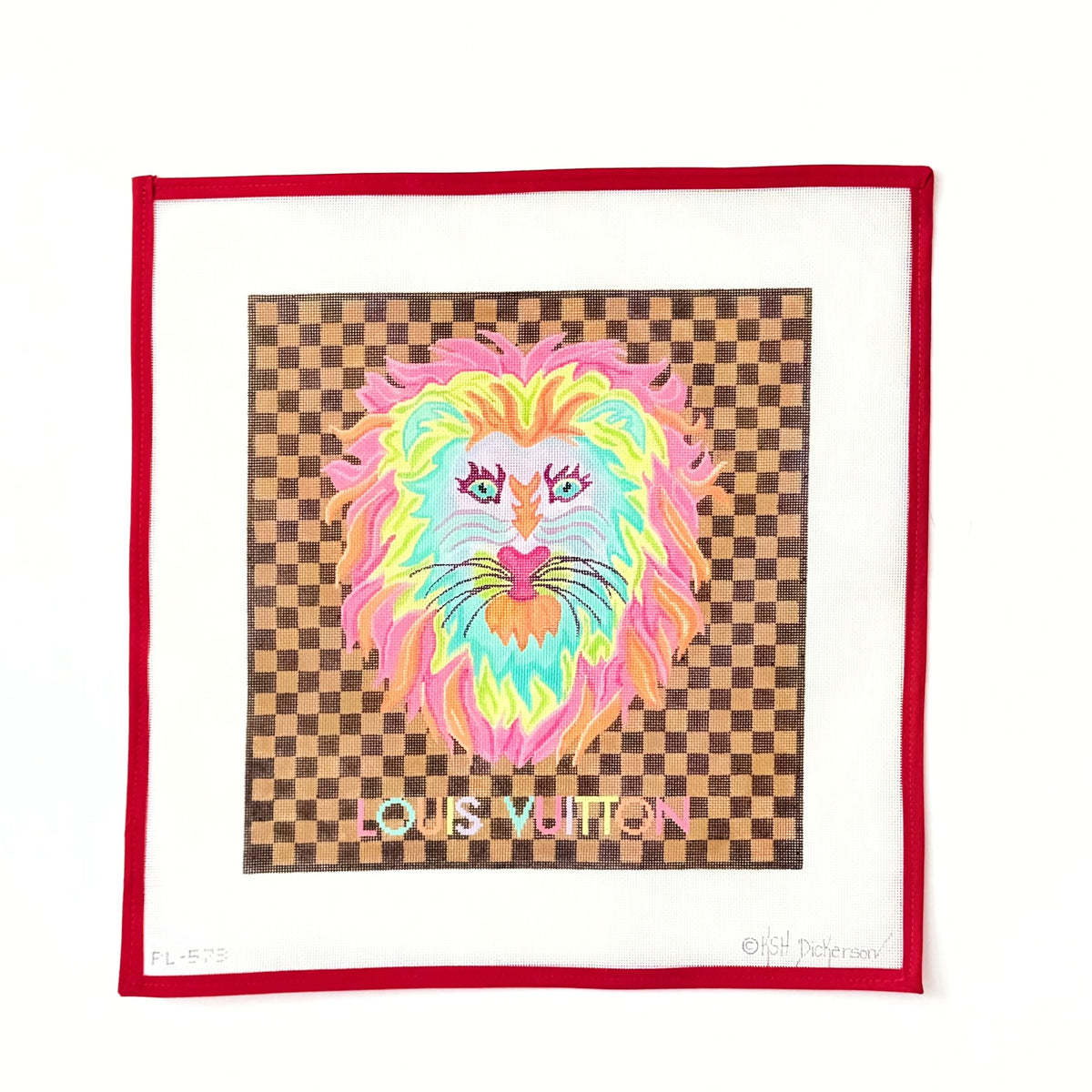 Designer Scarf Series - LV-Inspired - Colorful Lion on Brown CheckerboardKate DickersonCanvasThe Red Thread Atelier
