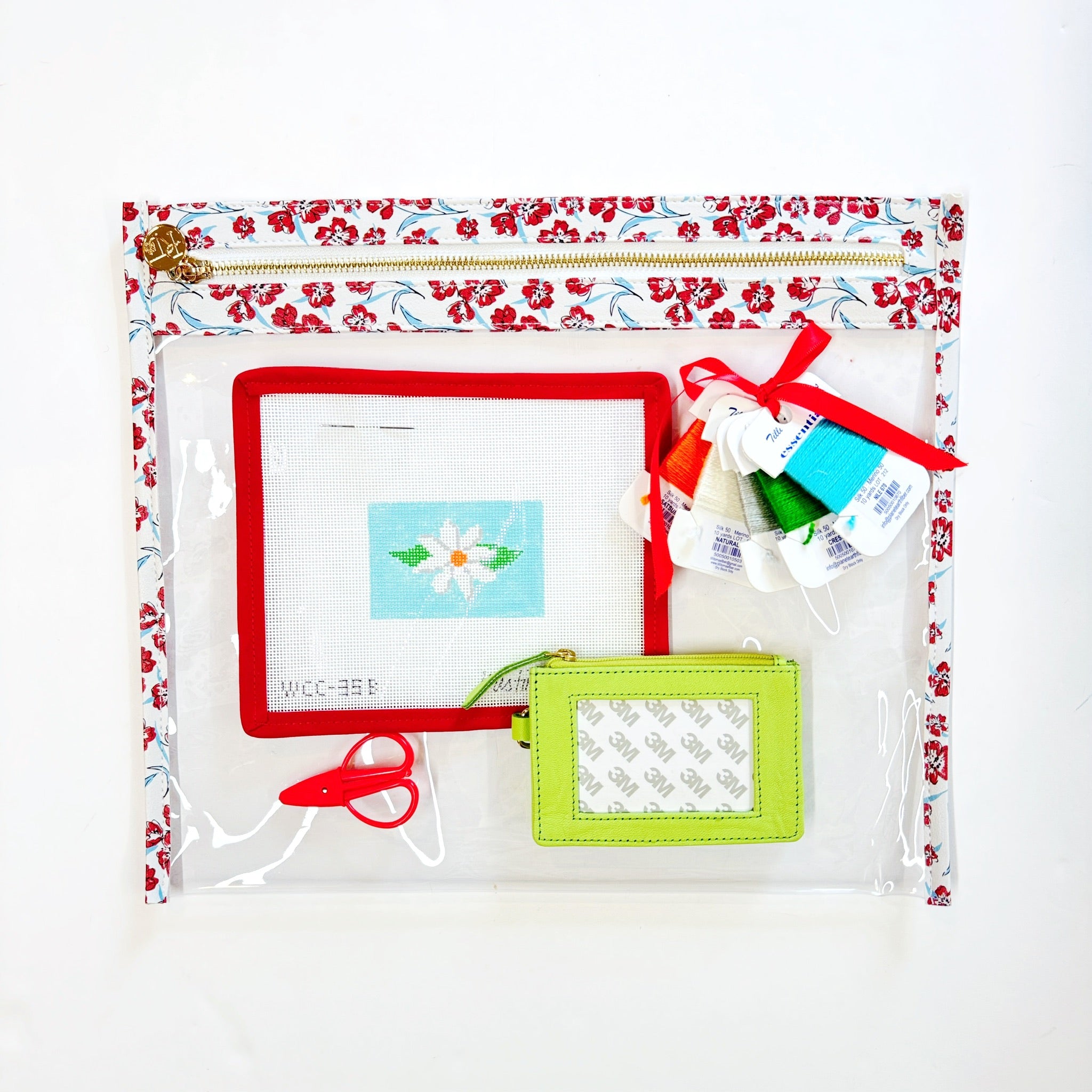 Ultimate Travel Kit - White Flower on Aqua, Green Zippered Card Case