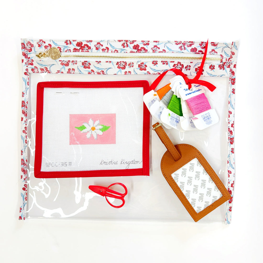 Ultimate Travel Kit - White Flower on Pink, Cognac Luggage Tag