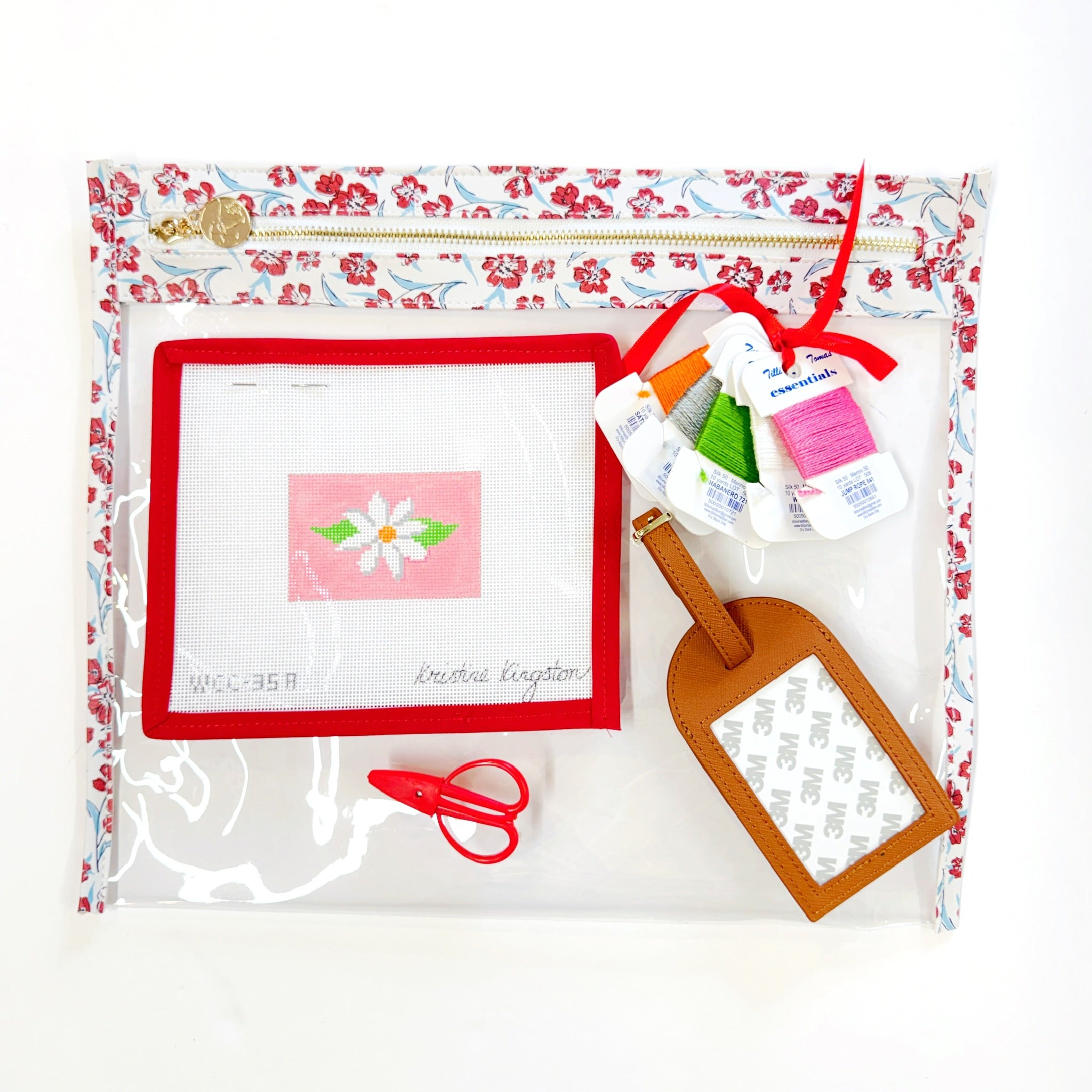 Ultimate Travel Kit - White Flower on Pink, Cognac Luggage Tag