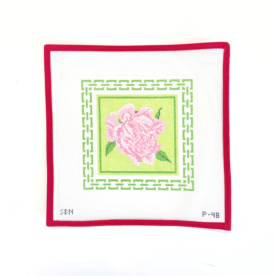 Pink Peony w Green Geometric BorderSusan BattleCanvasThe Red Thread Atelier