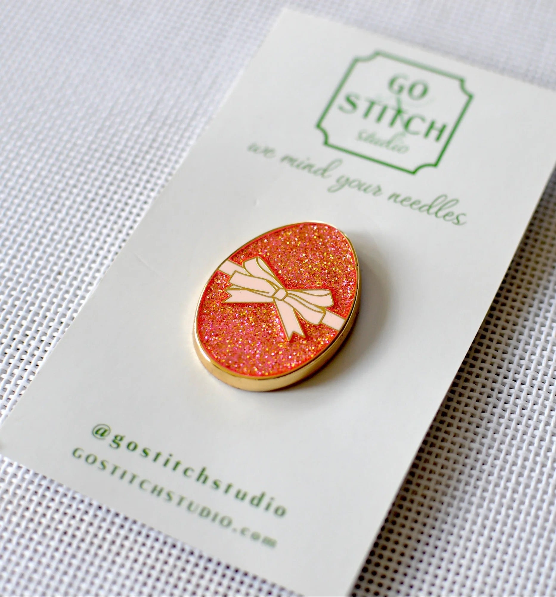 Pink Glitter Champagne Egg w Bow Needle MinderGo Stitch StudioNeedleminderThe Red Thread Atelier