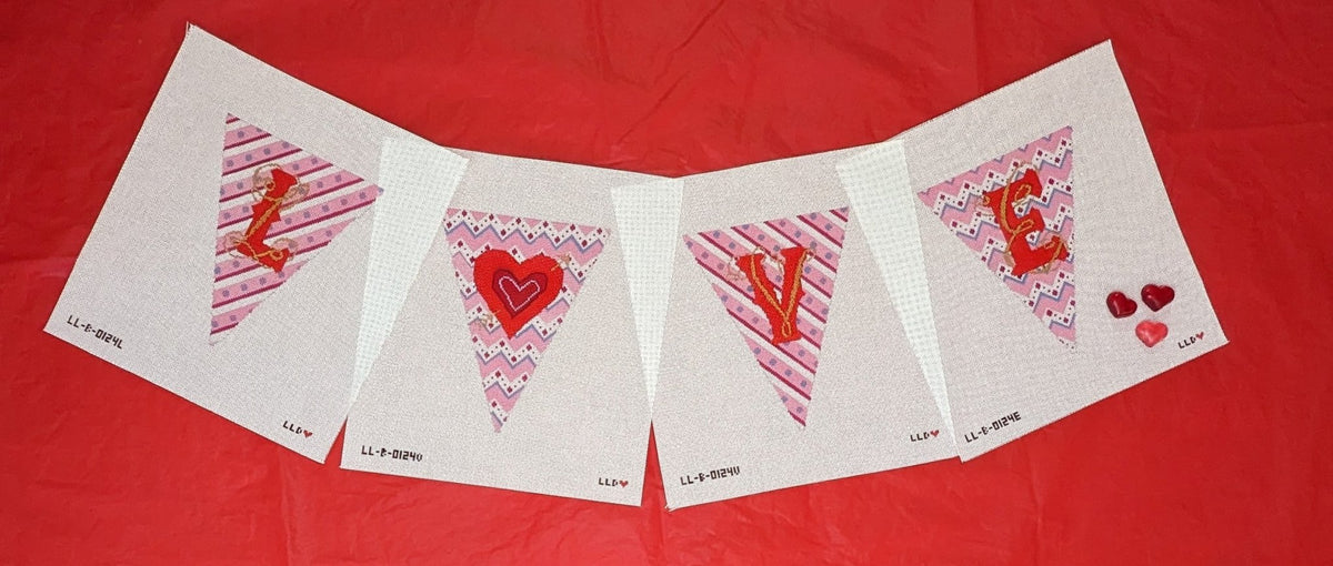 LL-BUN-0214 LOVE Garland w/Stitch Guide - 4 Individual CanvasesLaura Love DesignsCanvasThe Red Thread Atelier