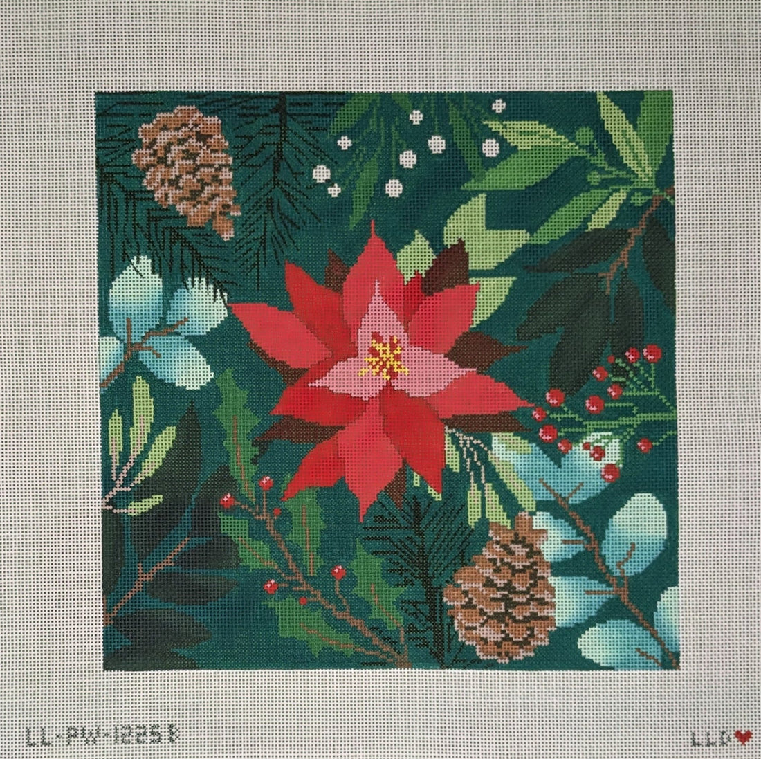 LL-PW-7b Botanical Pillow-Green w/ Red FlowerLaura Love DesignsCanvasThe Red Thread Atelier