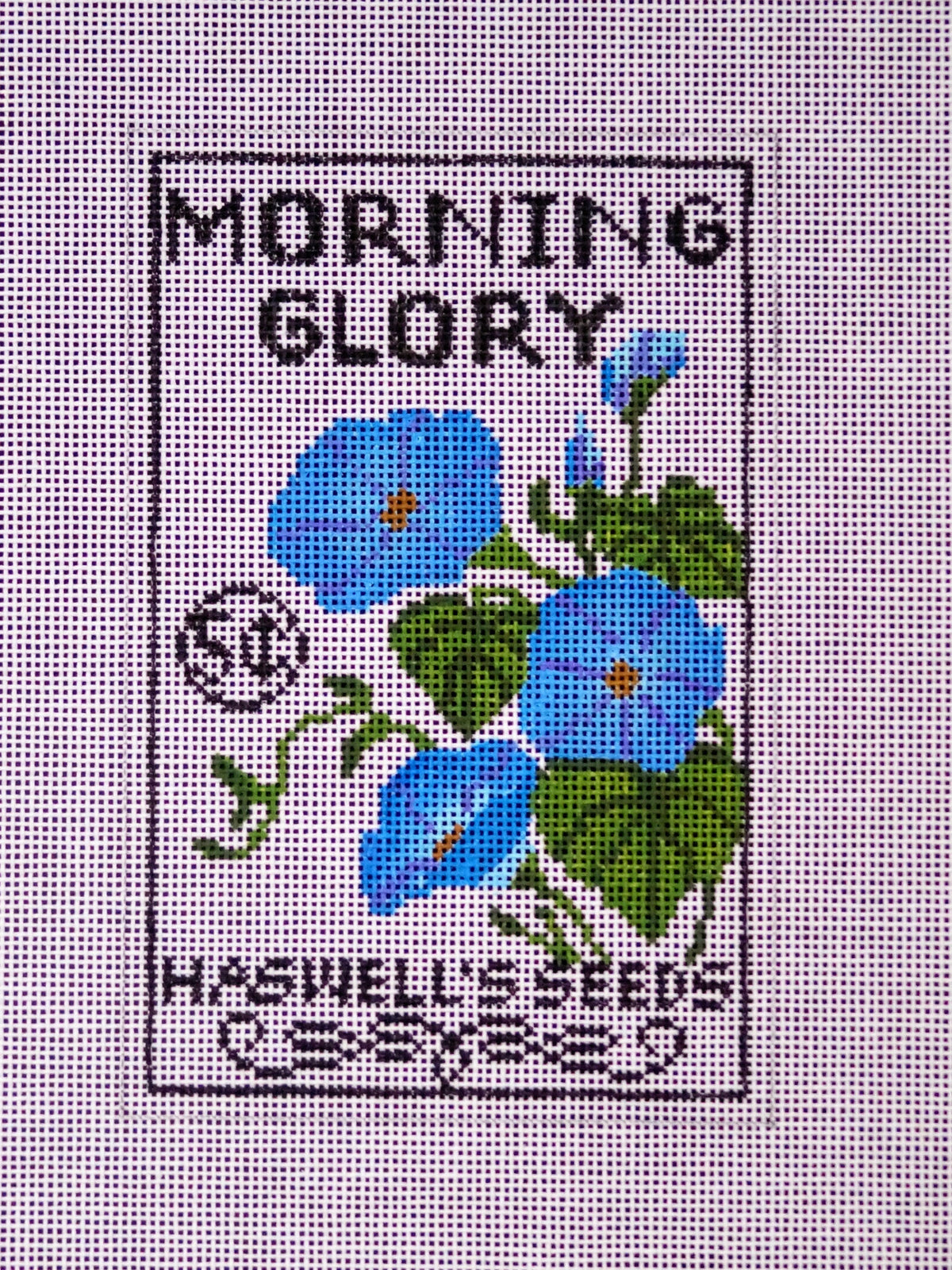 Morning Glory Seed Packet needlepoint canvas by Laura Love Designs