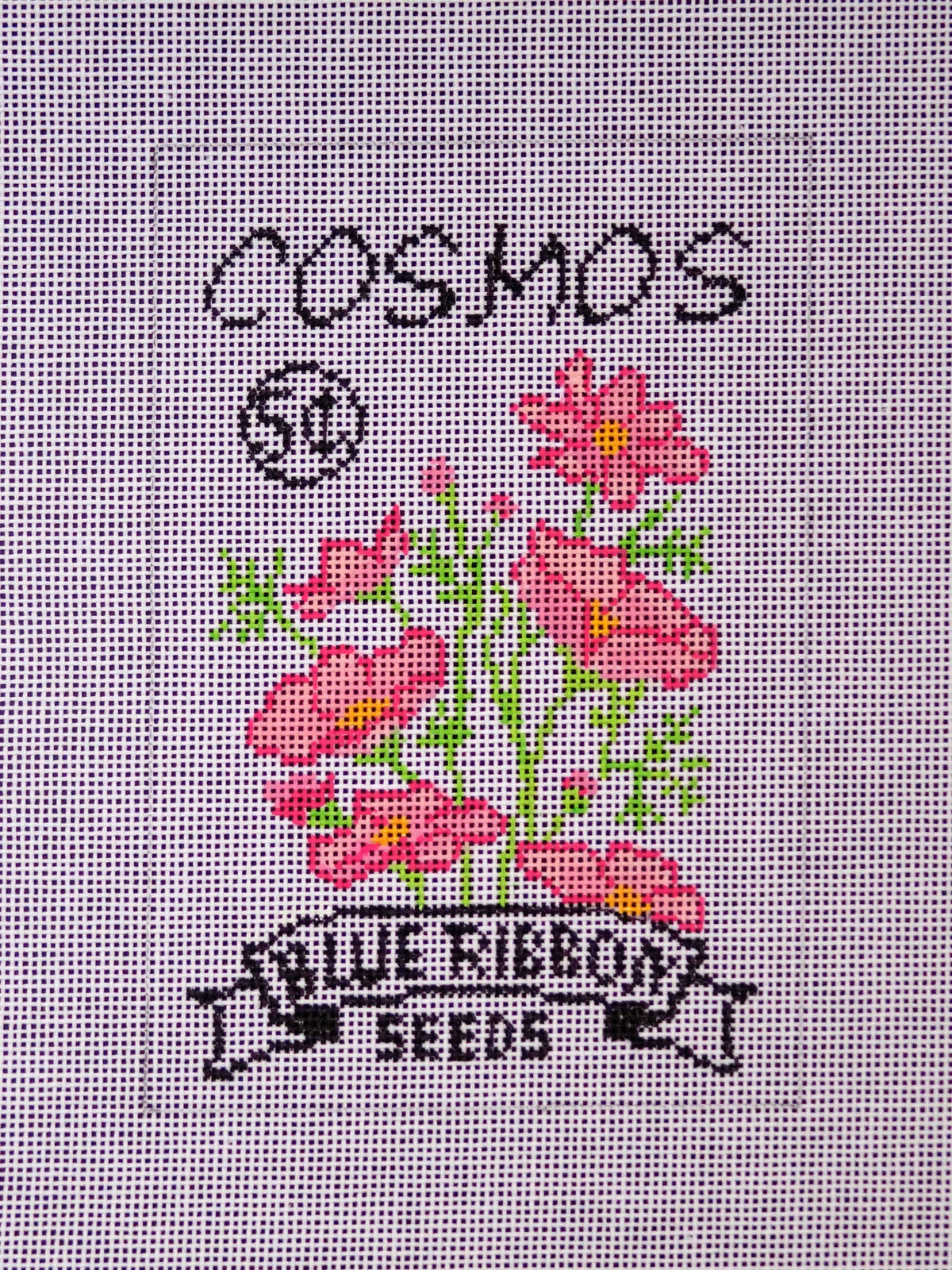 Cosmos Seed Packet needlepoint canvas by Laura Love Designs