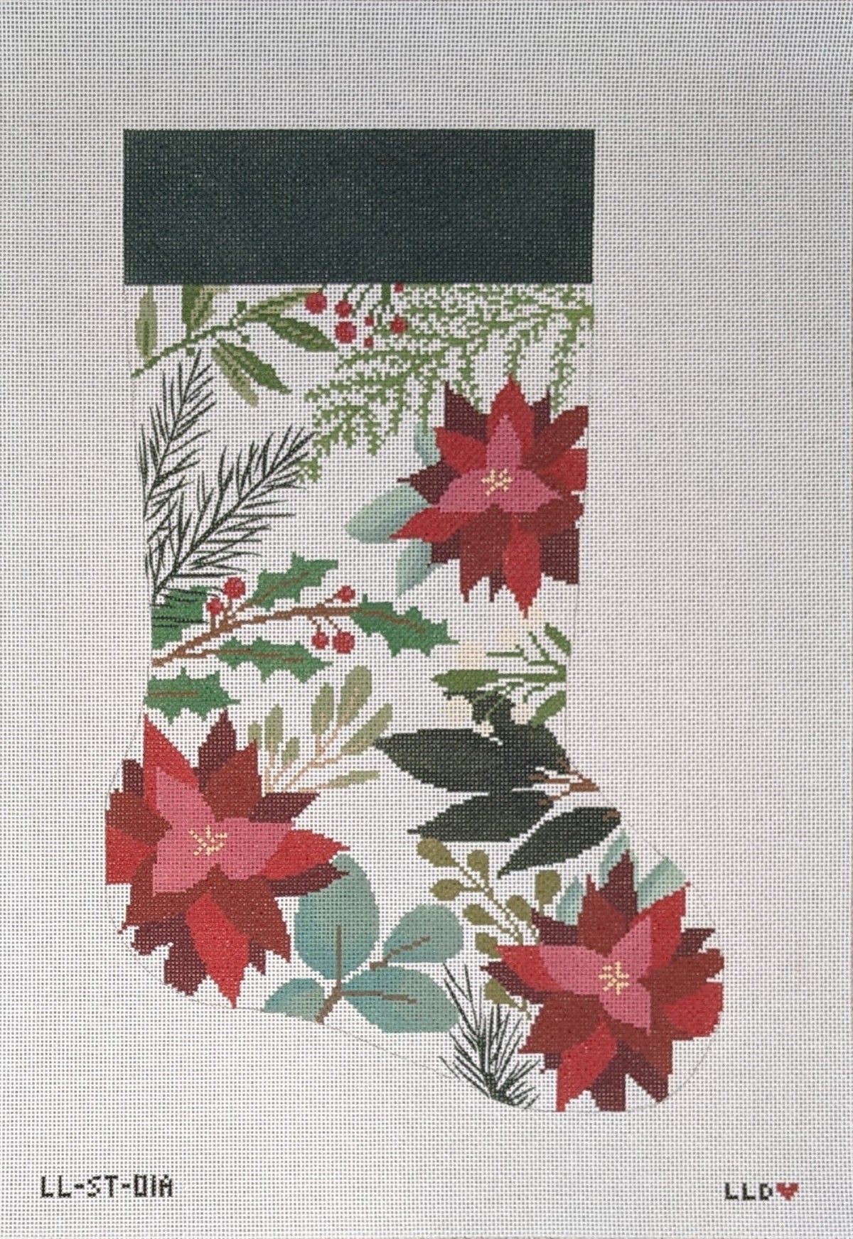 LL-ST-01A White Stocking with Red FlowersLaura Love DesignsCanvasThe Red Thread Atelier