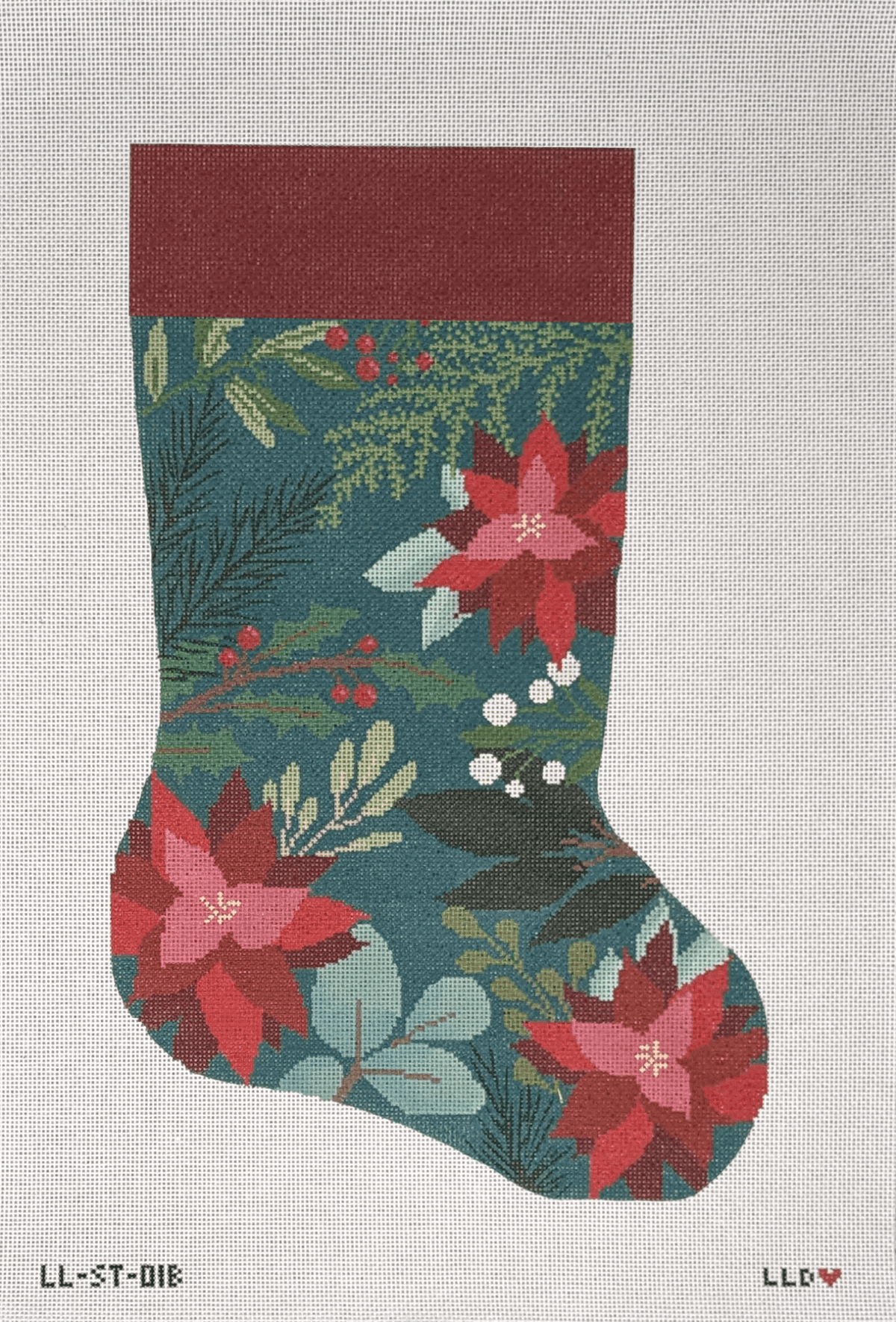 LL-ST-01B Green Stocking with Red FlowersLaura Love DesignsCanvasThe Red Thread Atelier