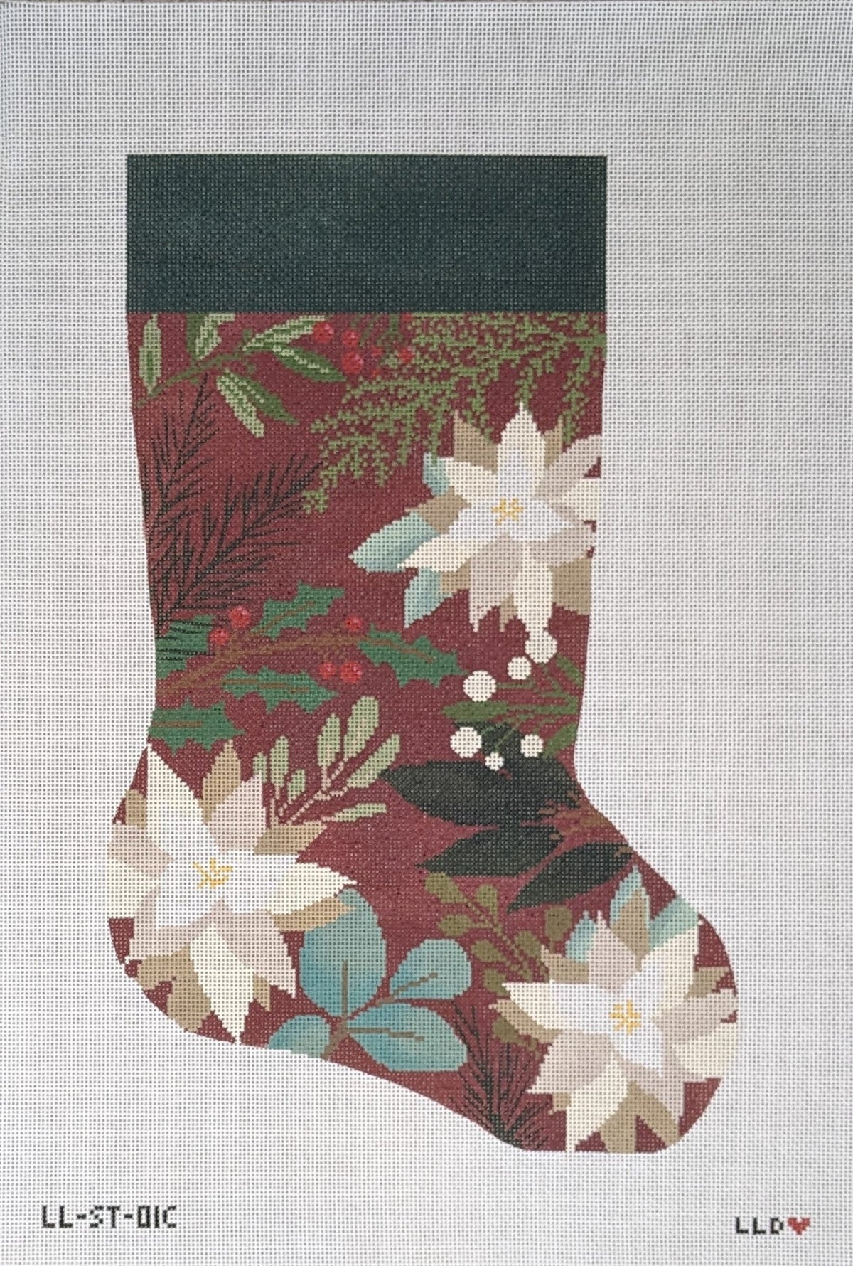 LL-ST-01C Red Stocking with White FlowersLaura Love DesignsCanvasThe Red Thread Atelier