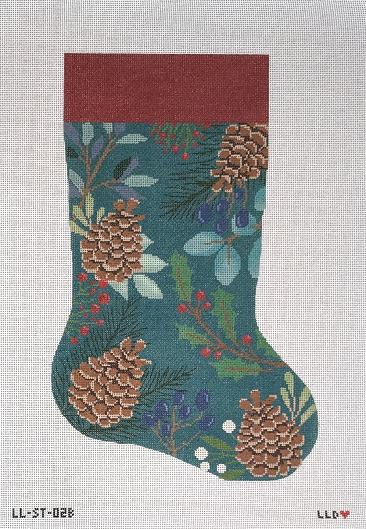 LL-ST-02B Green Stocking with PineconesLaura Love DesignsCanvasThe Red Thread Atelier