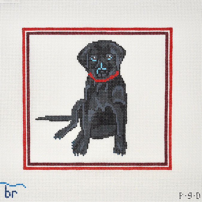 Black Lab with red frame needlepoint canvas