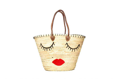 French Kiss Market Basket, Beach Basket Bag With Leather Handles