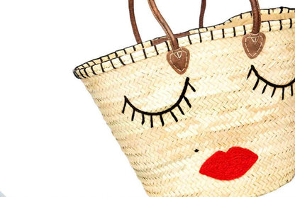 French Kiss Market Basket, Beach Basket Bag With Leather Handles